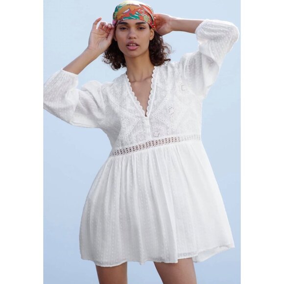 Zara White Swiss Dot Long-Sleeve Embroidered Boho Mini Dress Intricate Lace S - Picture 1 of 14